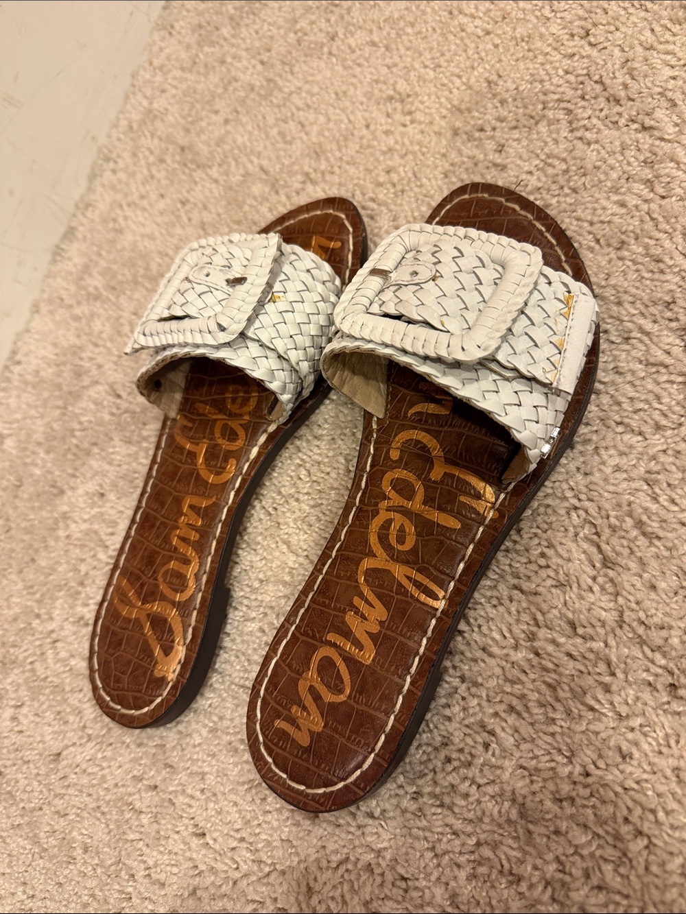 Sam Edelman White Woven Buckle Slide Sandals with Brown Footbed size 36 - Picture 9 of 12